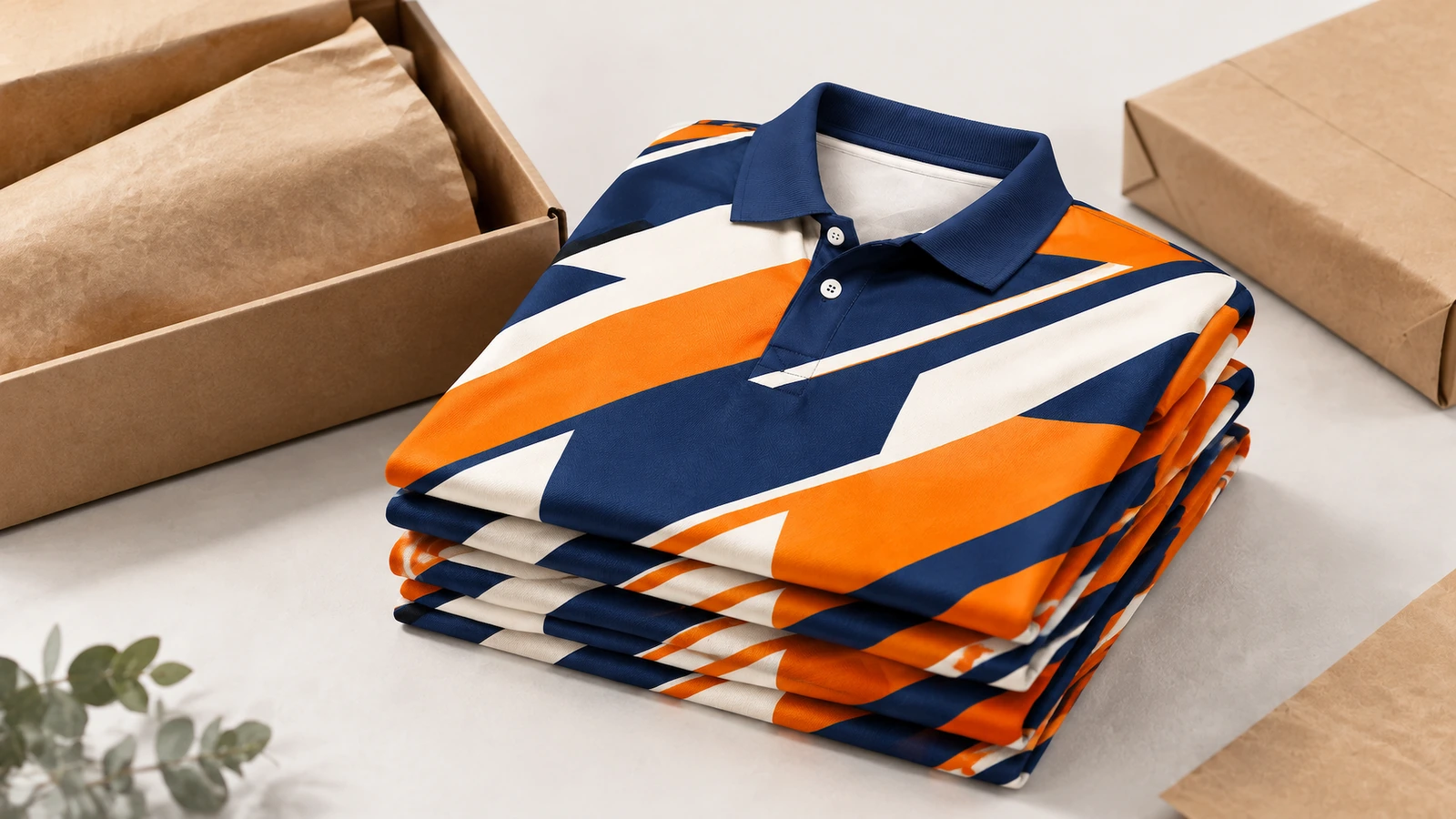Gefaltete gemusterte Poloshirts und Verpackung Stapel gefalteter Poloshirts in Marineblau, Orange und Weiß neben geöffneter Kartonverpackung