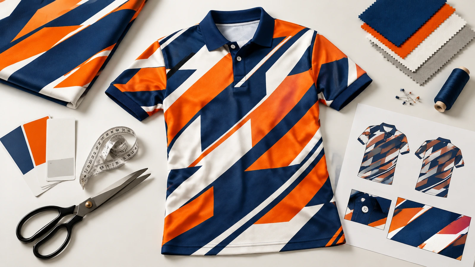 Gemustertes Poloshirt und Designmaterialien Gemustertes Poloshirt in Marineblau, Orange und Weiß, umgeben von Stoffmustern, Schere, Maßband und Bekleidungsskizzen