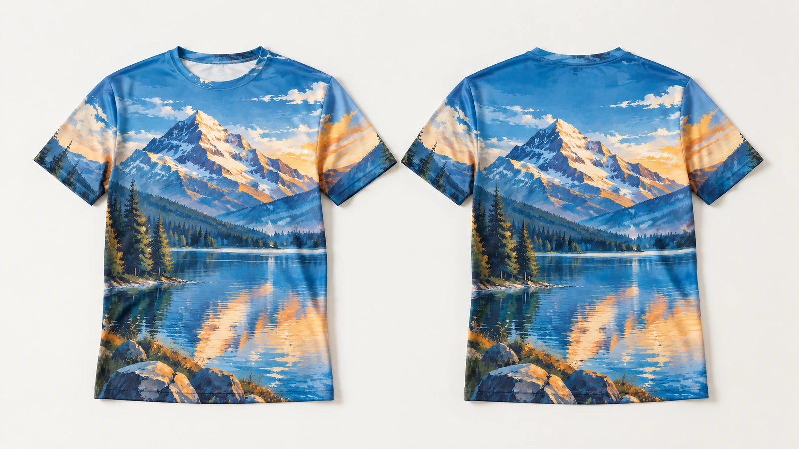 Vorder- und Rückansicht eines blauen All-over-Print-T-Shirts mit Berg-und-See-Motiv