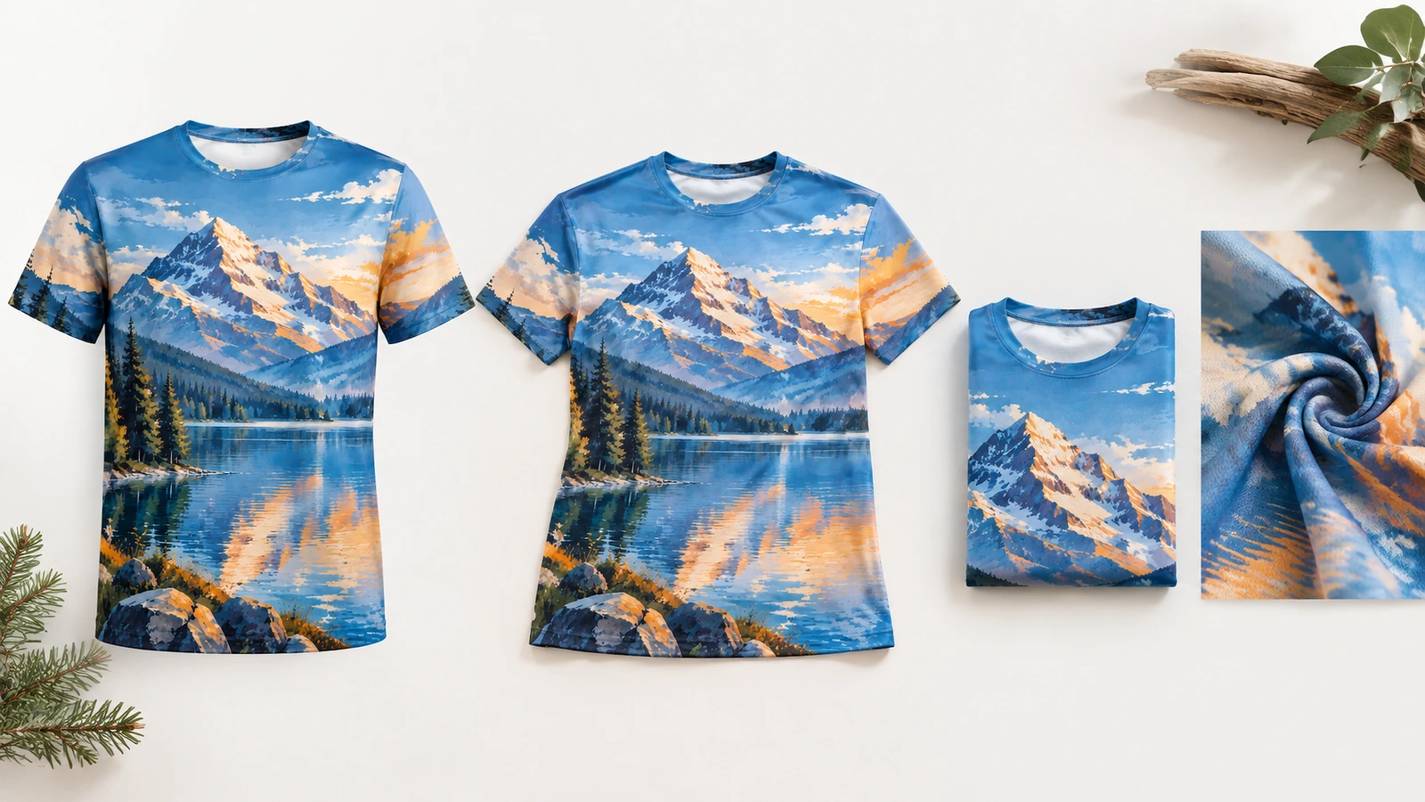 Zwei ausgestellte bedruckte T-Shirts neben einem gefalteten Shirt und einer Stoffnahaufnahme