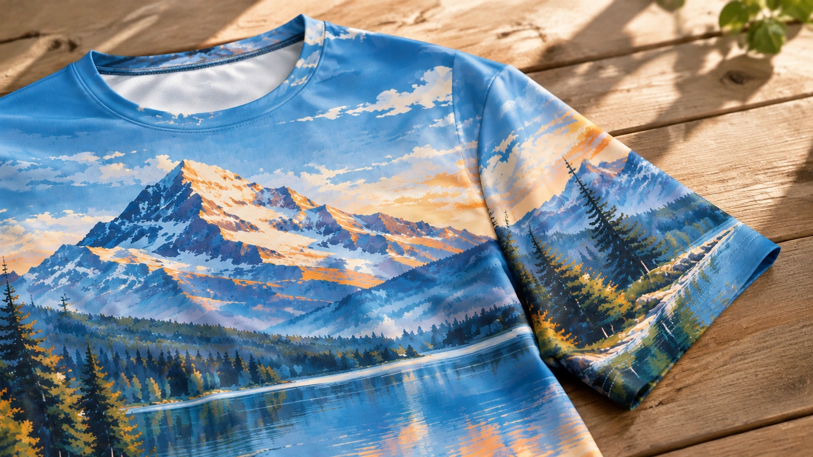 Bedrucktes T-Shirt mit Berg-und-See-Motiv auf einer Holzoberfläche