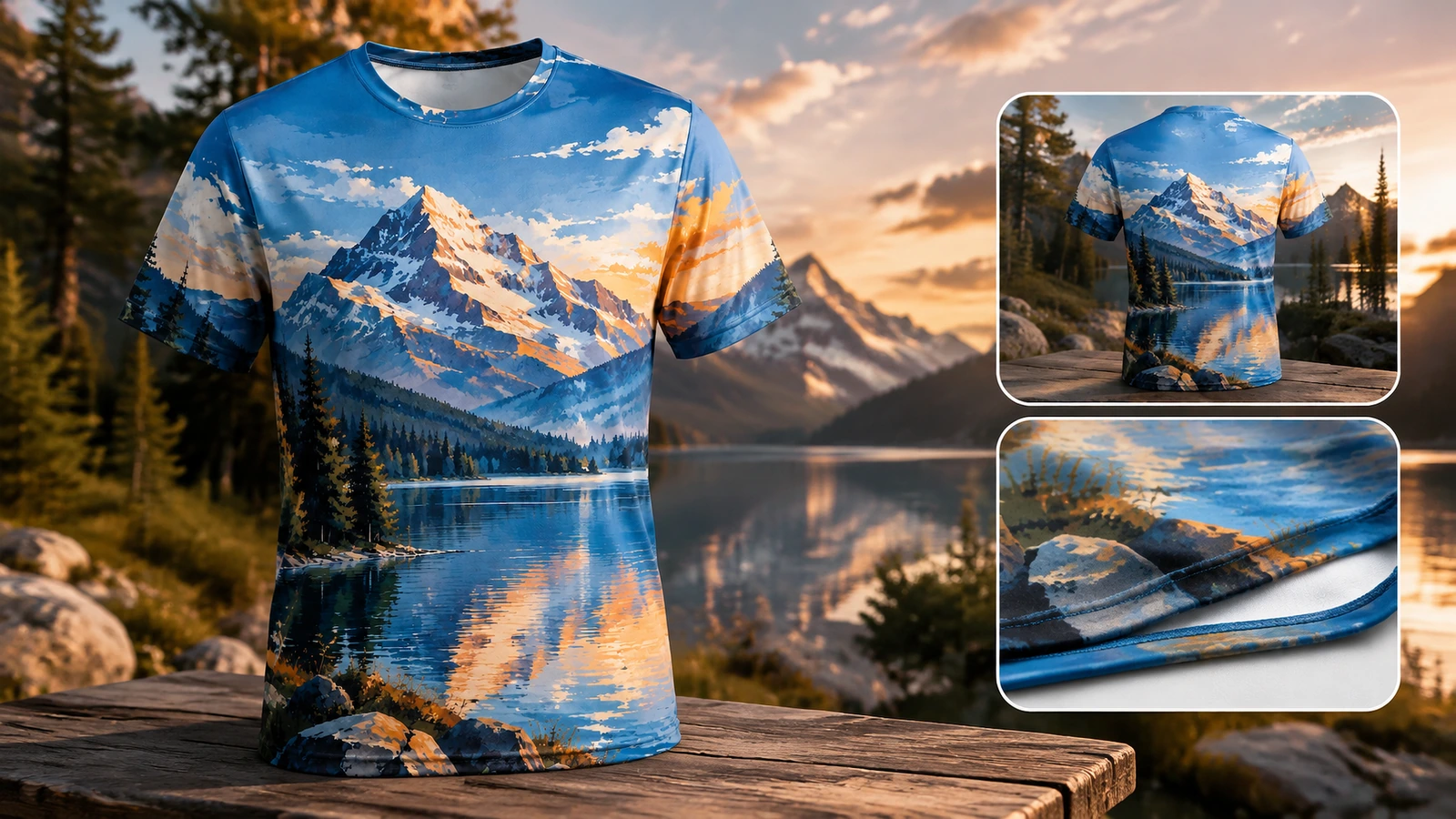 T-Shirt mit Berg-Motiv im Freien, mit eingeblendeten Detailansichten von Rücken und Saum