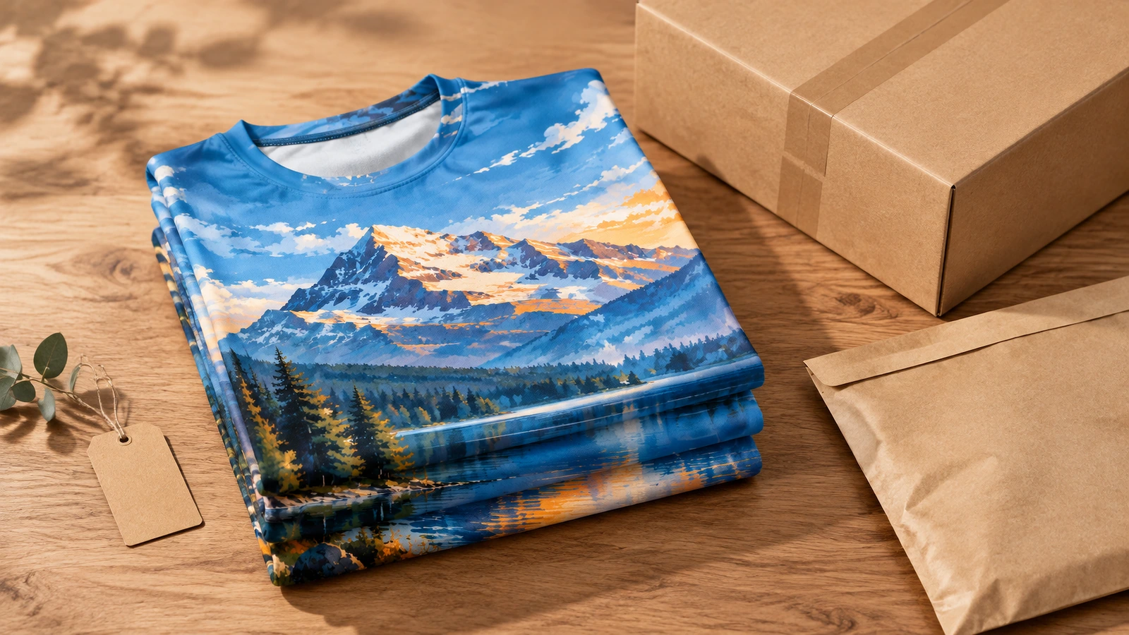 Gefaltete All-over-Print-T-Shirts neben einem Karton und einem Kraftpapier-Versandbeutel