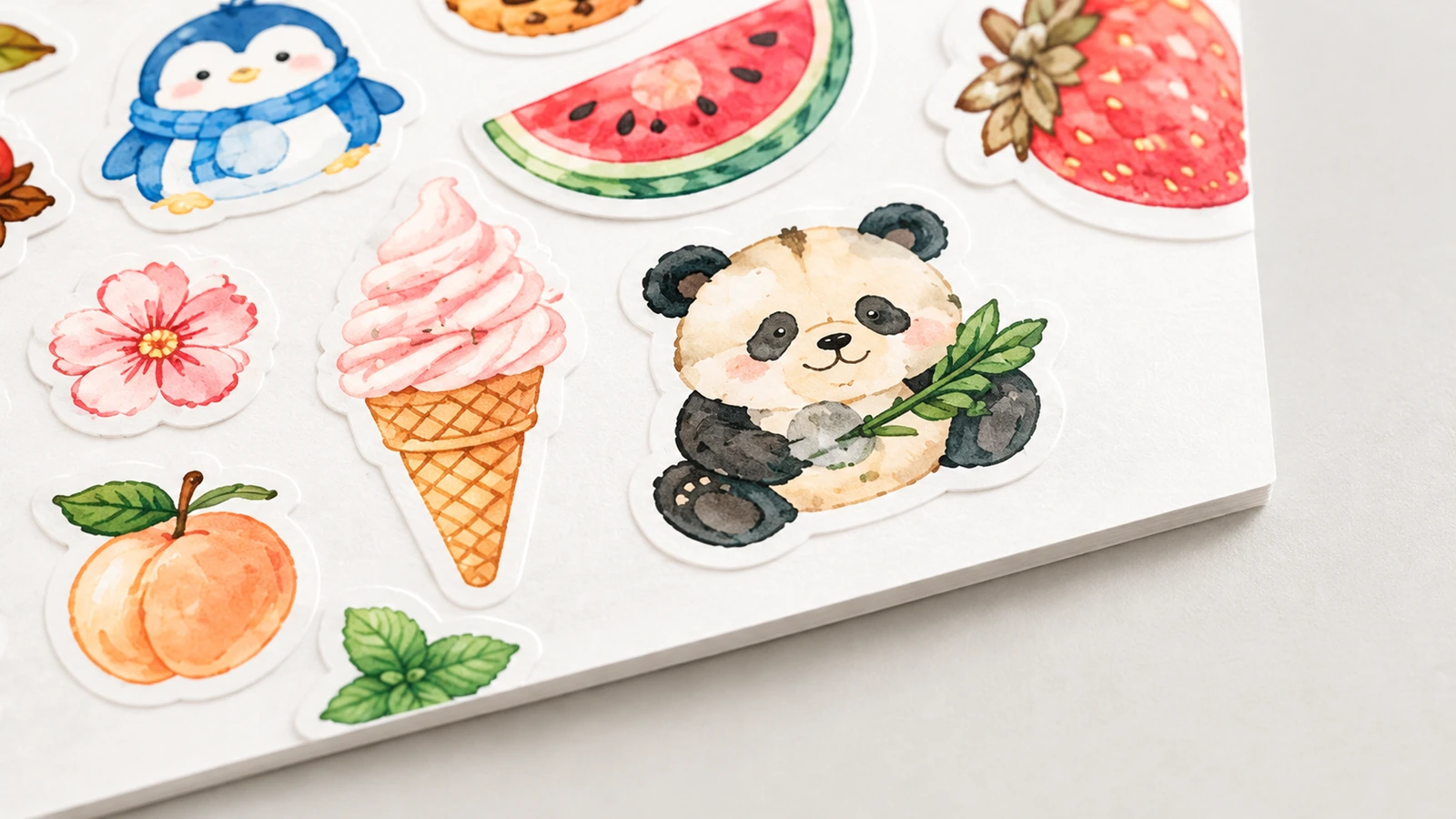 Nahaufnahme eines Sticker-Bogens mit Panda-, Eiscreme-, Obst- und Blumenillustrationen sowie geschnittenen Kanten
