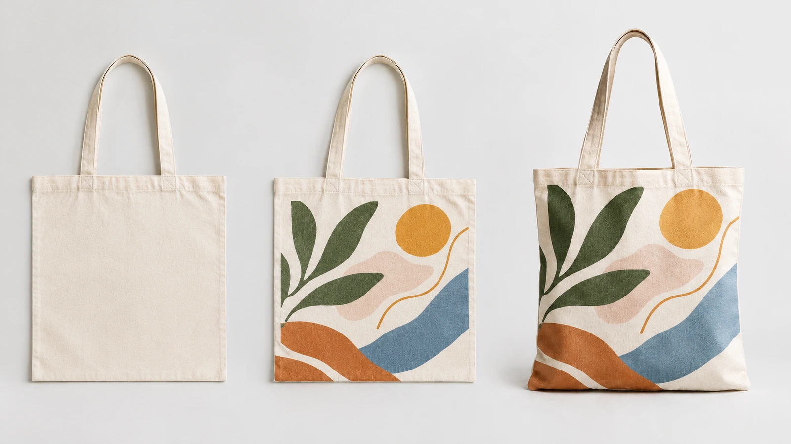Drei cremefarbene Taschen mit unbedruckter Vorderseite und zwei botanisch bedruckten Motiven