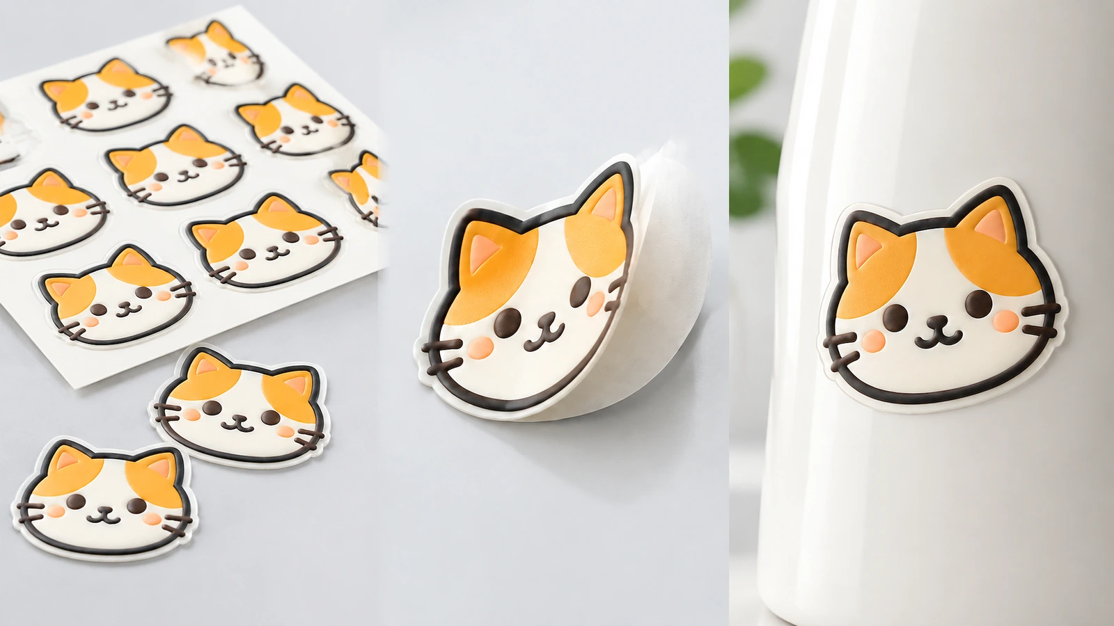 Collage mit Katzengesicht-Stickerbögen, einem abgehobenen Stück und einem Sticker auf einer weißen Flasche