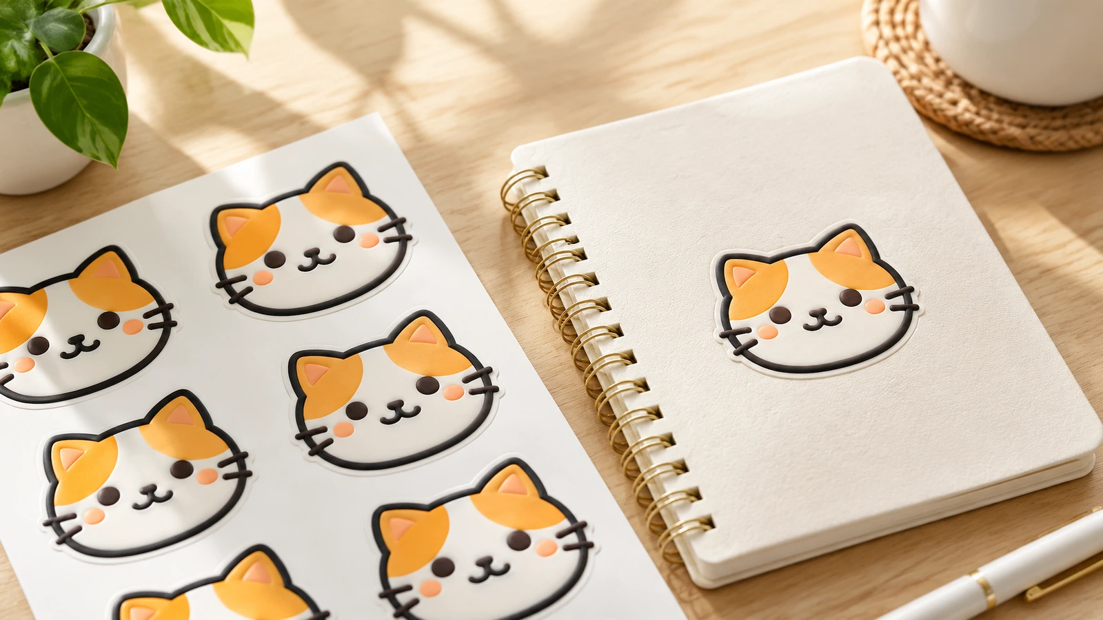 Katzengesicht-Sticker auf einem Spiralnotizbuch neben einem passenden Stickerbogen