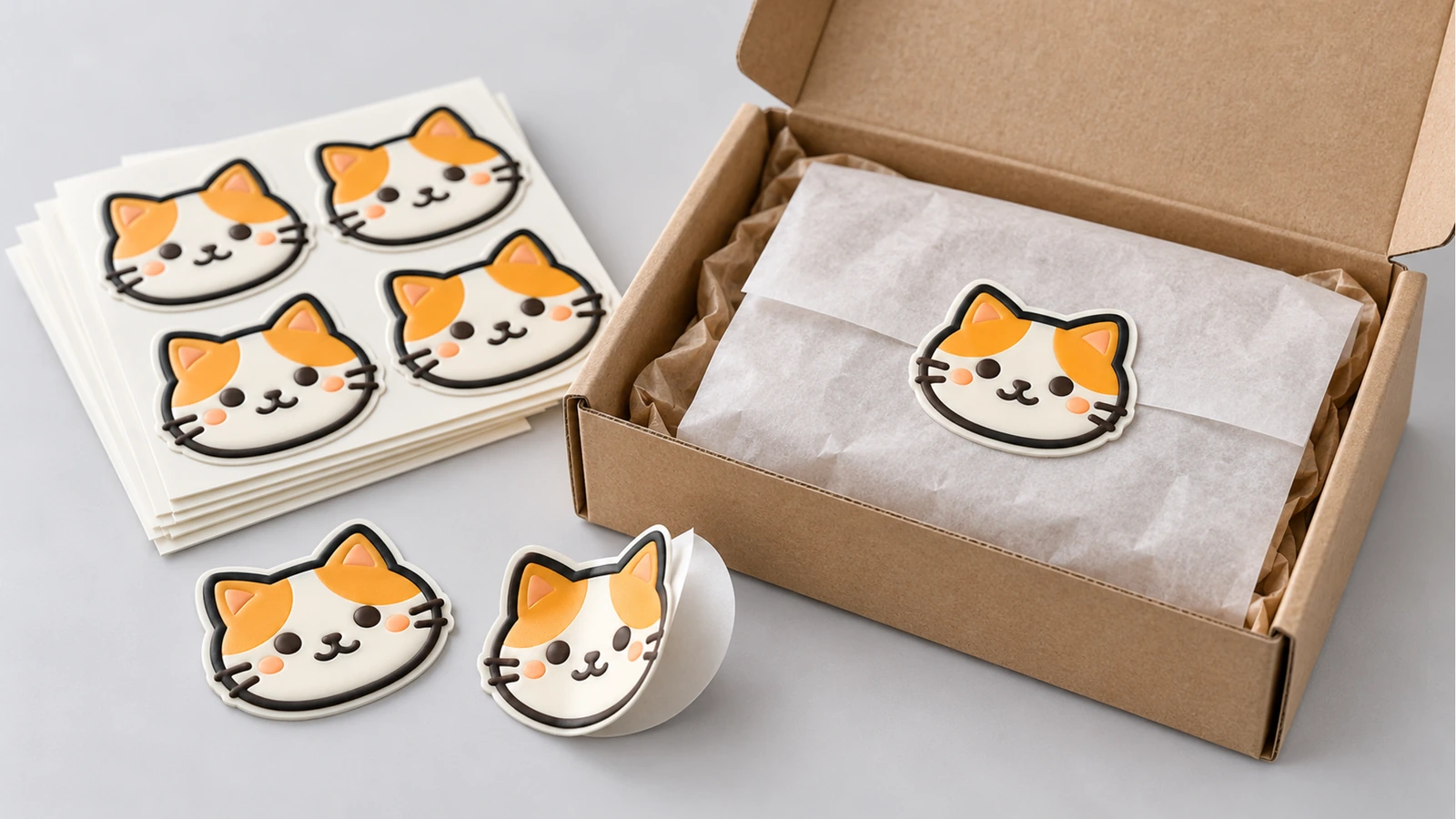 Katzengesicht-Stickerbögen und Einzelstücke neben einer Pappschachtel mit Seidenpapier-Einlage