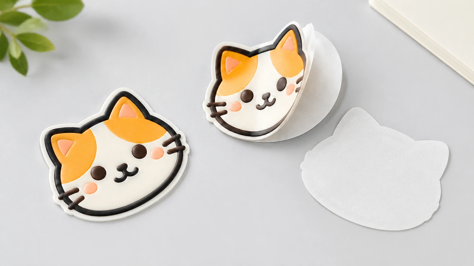Katzengesicht-Sticker mit 1 Stück, das über einem weißen, konturgeschnittenen Trägerpapier angehoben ist
