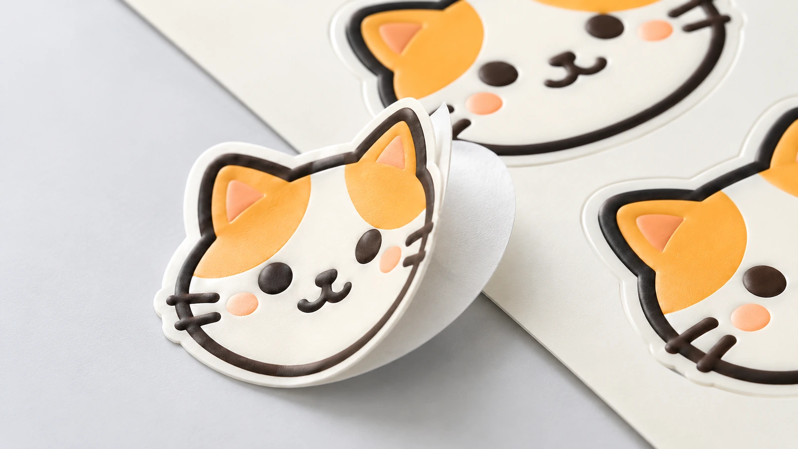 Nahaufnahme eines Katzengesicht-Stickers, der sich vom Bogen abrollt