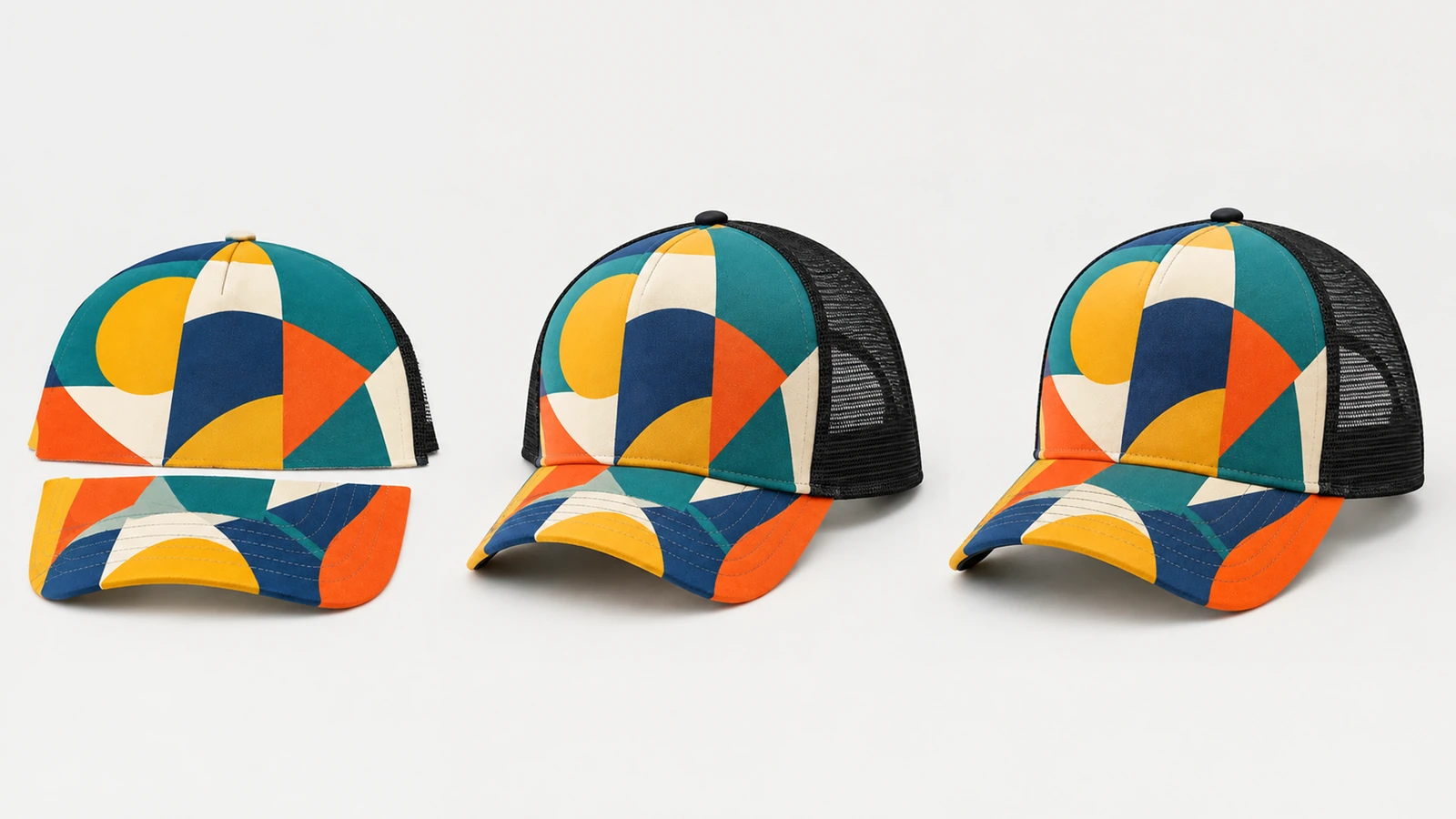 Drei Schritte mit einzelnen bedruckten Cap-Teilen und fertig genähten Trucker-Caps