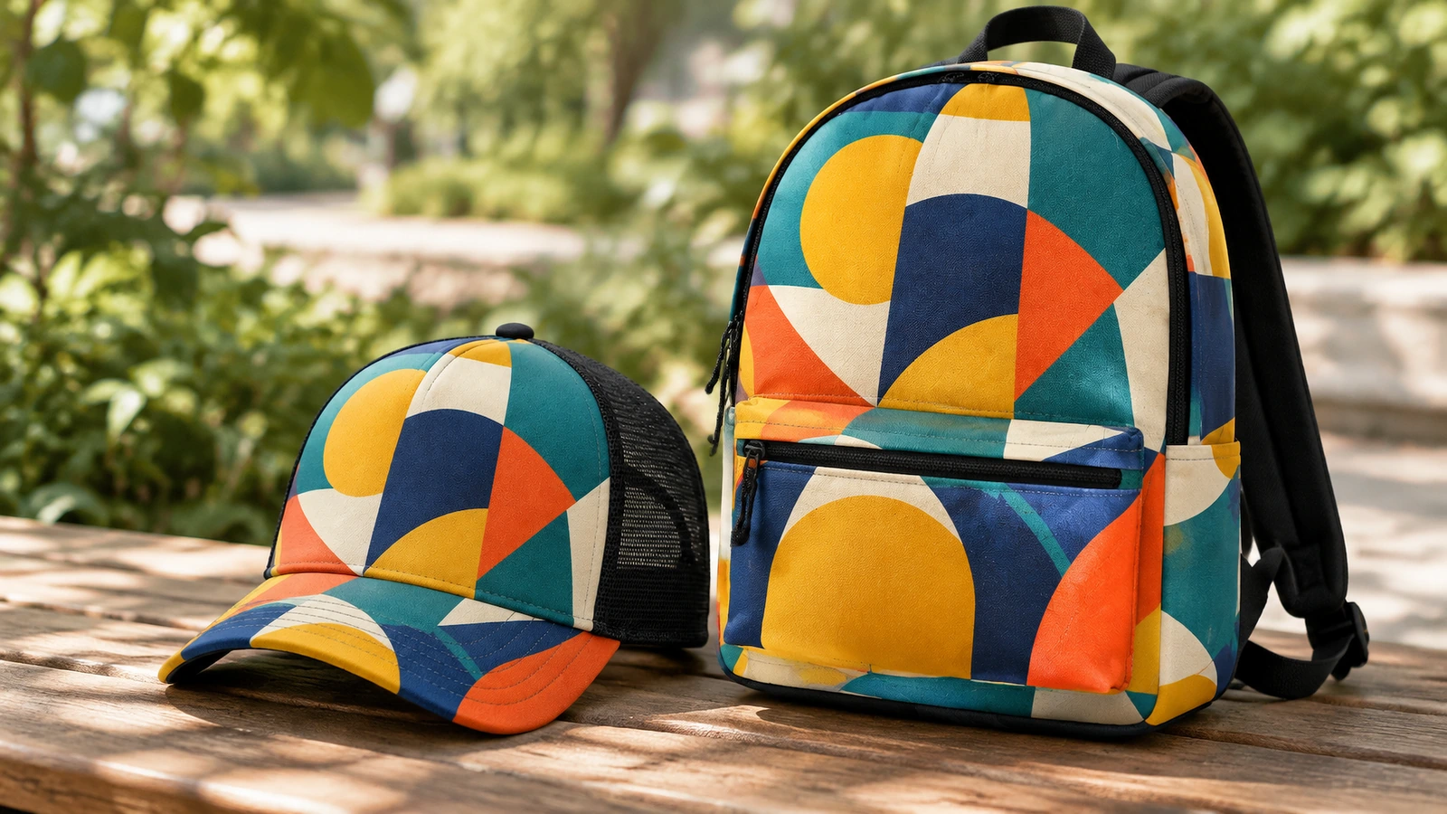 Trucker-Cap mit geometrischem Druck neben einem passenden Rucksack auf einem Parktisch
