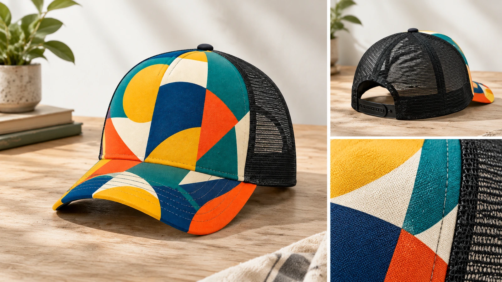Präsentation bedruckter Trucker-Caps mit eingesetztem hinterem Snap-Verschluss und Stoffdetails