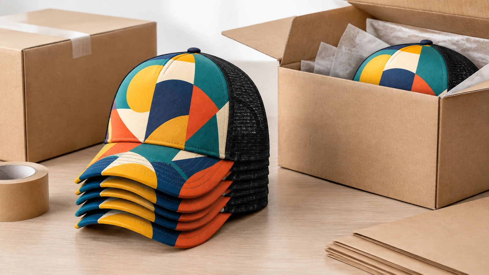 Gestapelte bedruckte Trucker-Caps neben Versandkartons und Verpackungspapier