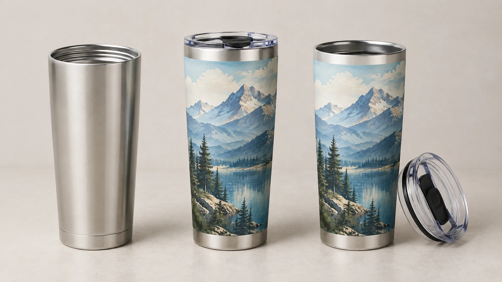 Schlichter stahlfarbener Tumbler neben zwei Tumblern mit Bergmotiv und einem klaren Deckel