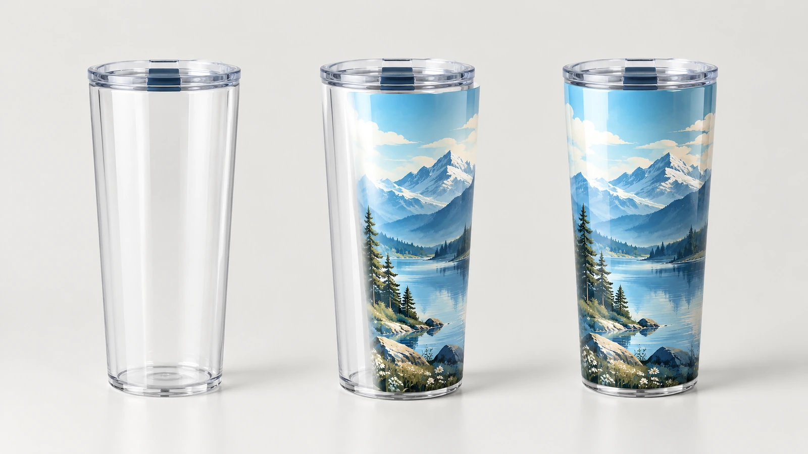 Schlichter transparenter Tumbler neben zwei Tumblern mit Bergdesign
