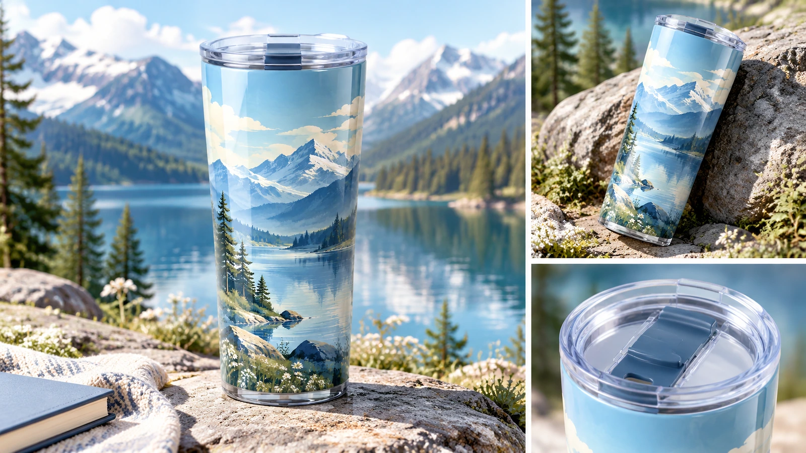 Collage aus einem Tumbler mit Bergdesign im Freien und einer Nahaufnahme seines transparenten Deckels