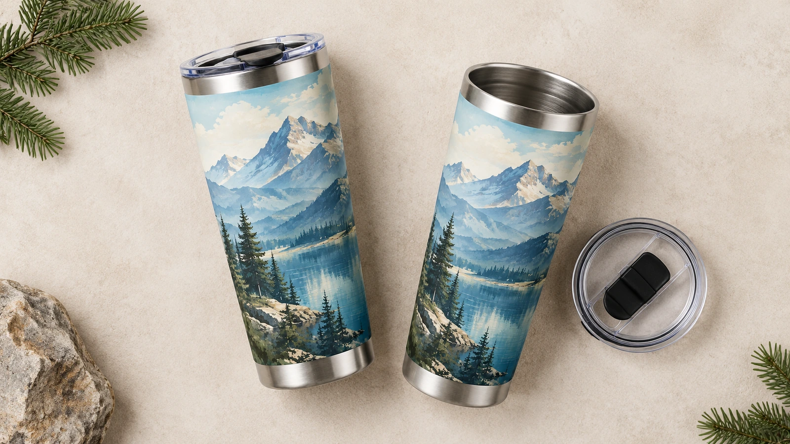 Zwei Tumbler mit Bergmotiv, einer mit aufgesetztem Deckel, daneben ein weiterer Deckel neben einem offenen Becher