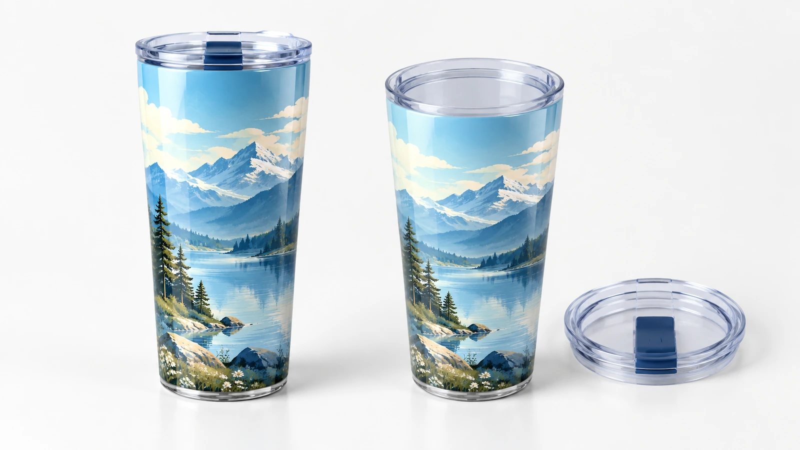 Zwei Tumbler mit Bergdesign: Einer hat einen aufgesetzten Deckel, daneben liegt ein loser klarer Deckel