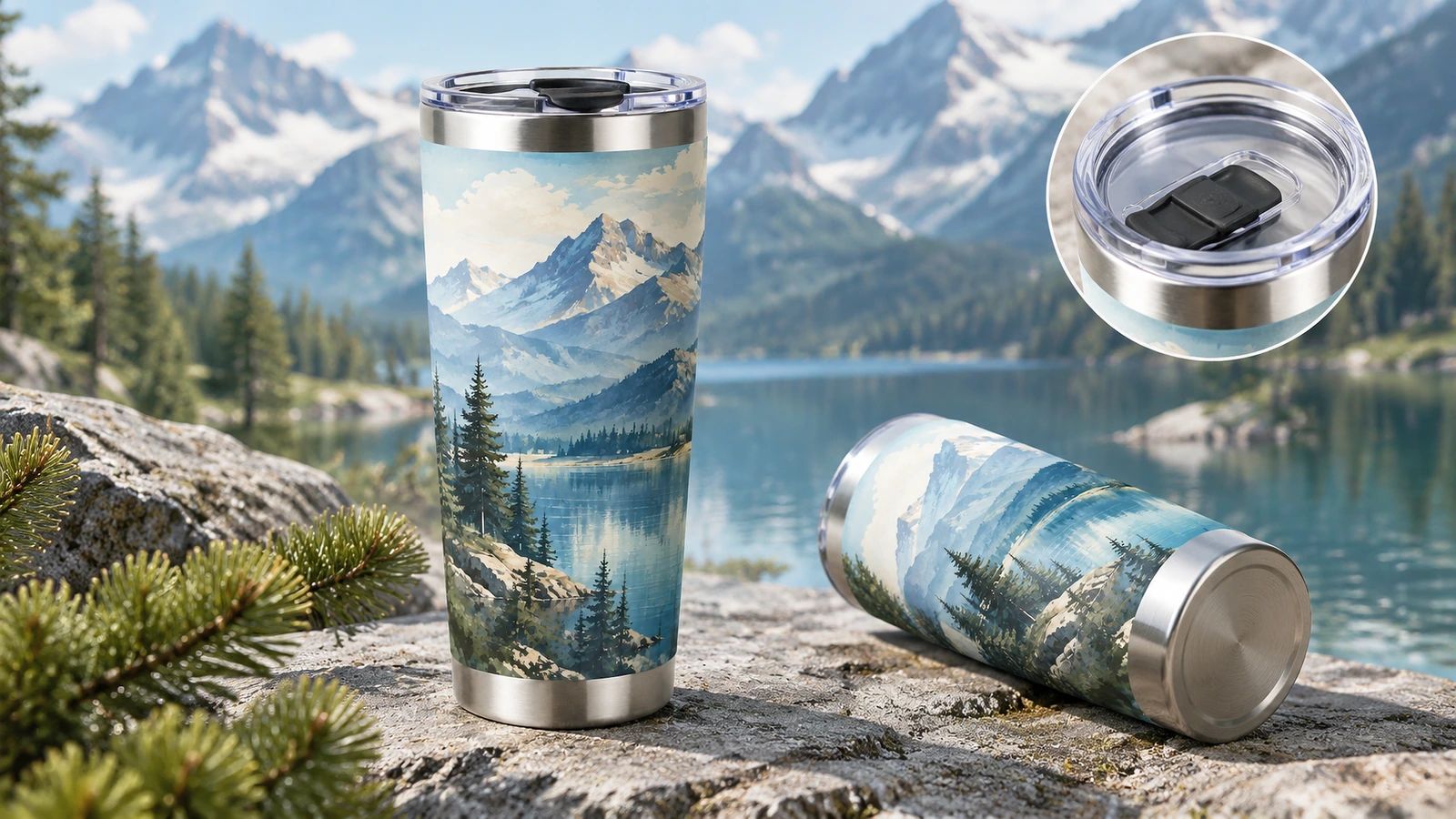 Tumbler mit Bergmotiv im Freien, mit eingesetztem Detailbild des klaren Trinkdeckels