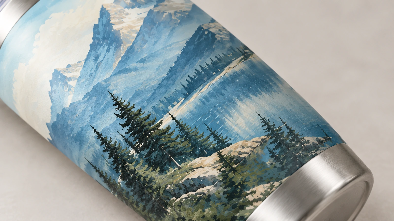 Nahaufnahme des blauen Berg- und Seemotivs auf einem Tumbler mit stahlfarbenem Boden