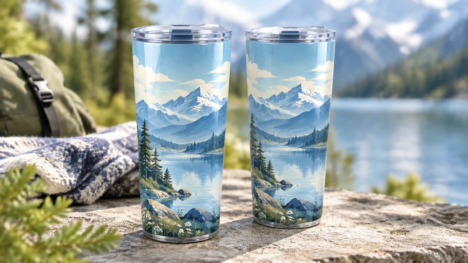 Zwei Tumbler mit Bergdesign auf einem Felsen neben einem See und einem Rucksack