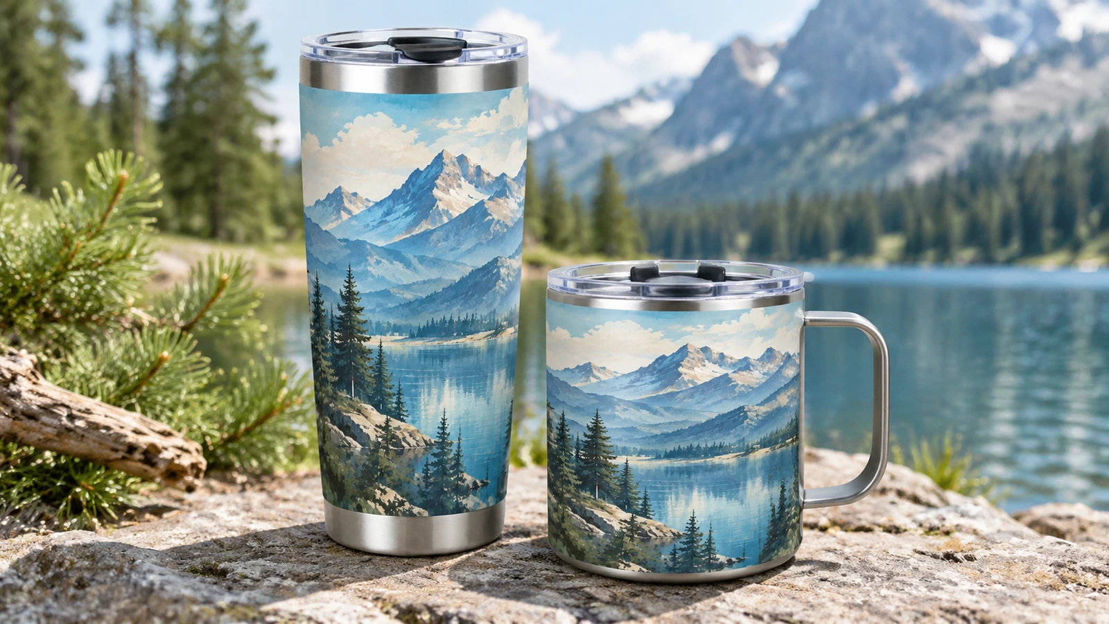 Hoher Tumbler mit Bergmotiv und Becher mit Henkel neben einem See