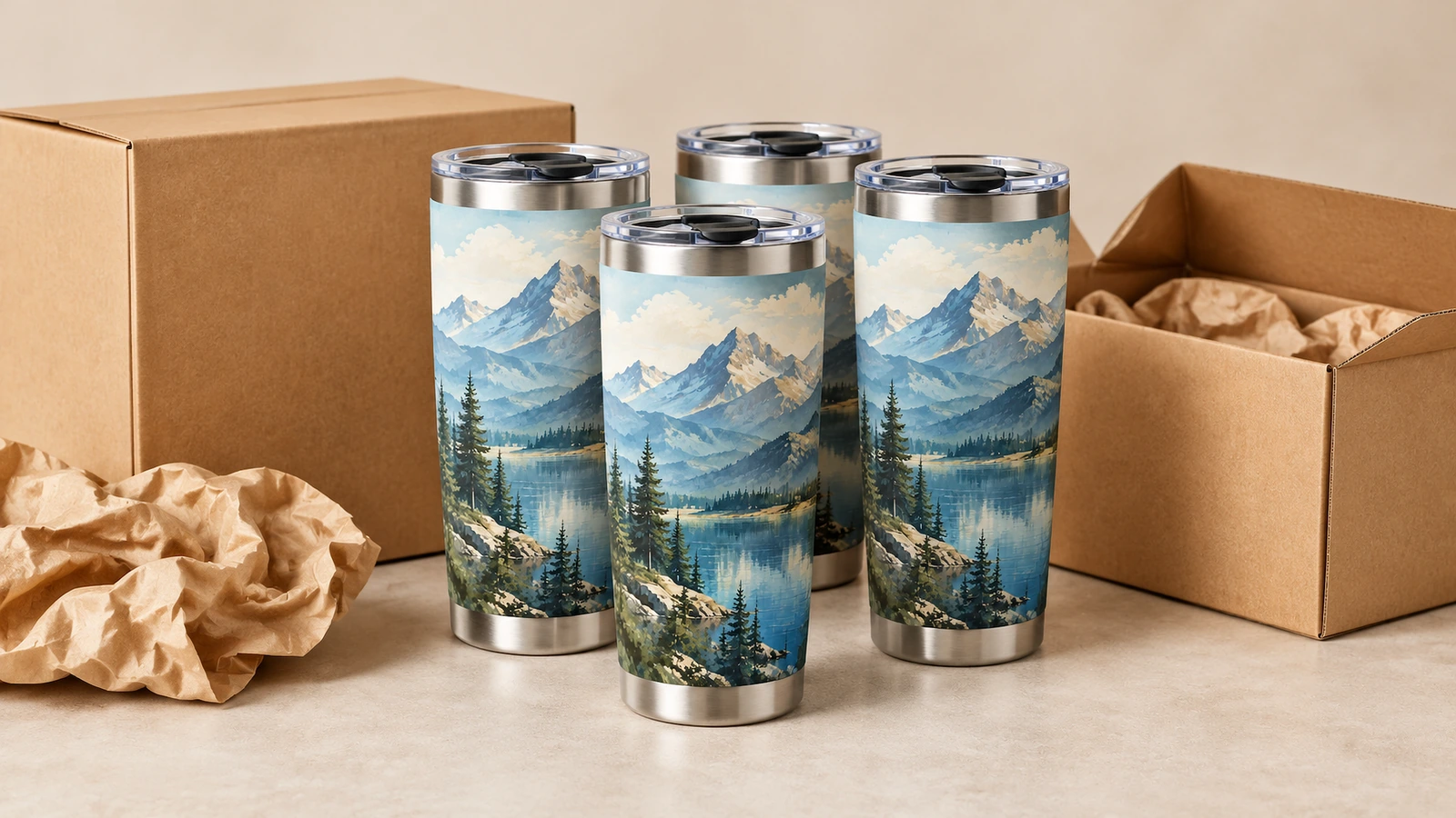 Vier Tumbler mit Bergmotiv neben Kartons und zerknülltem Packpapier