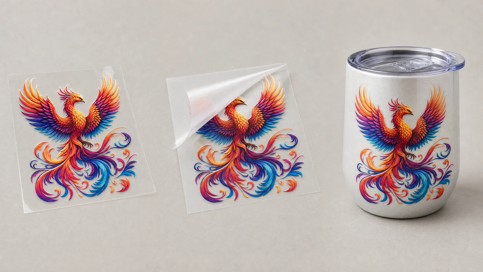 Übertragungsstufen des Phönix-Decals und fertiger Trinkbecher Phönix-Decal auf einer klaren Folie, einem teilweise abgehobenen Trägerbogen und dem passenden Motiv auf einem weißen Trinkbecher