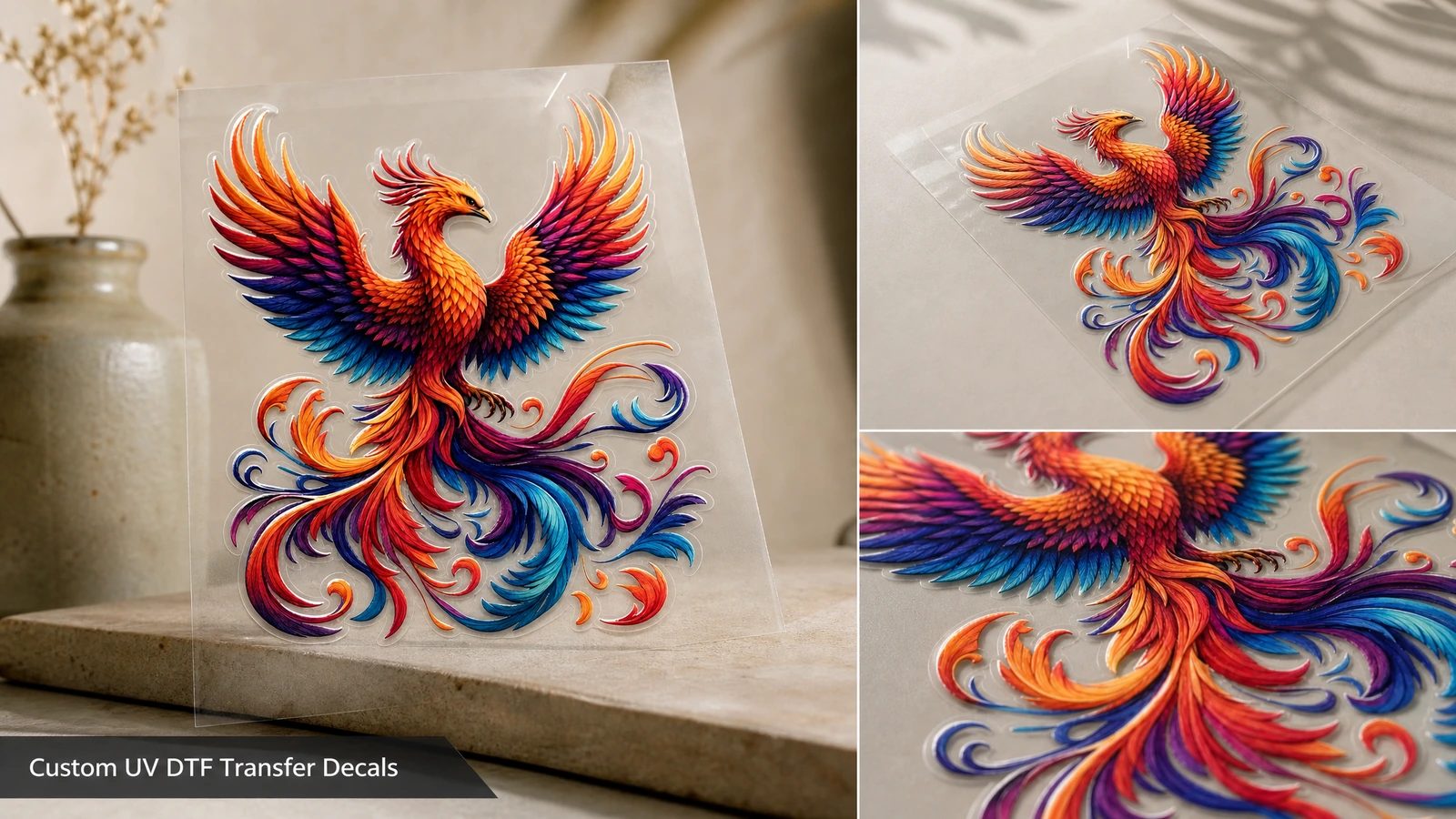 Übersicht und Detailansichten des Phönix-Decals Collage eines Phönix-Decals auf einer klaren Platte mit Nahaufnahmen seiner Farben und Kanten