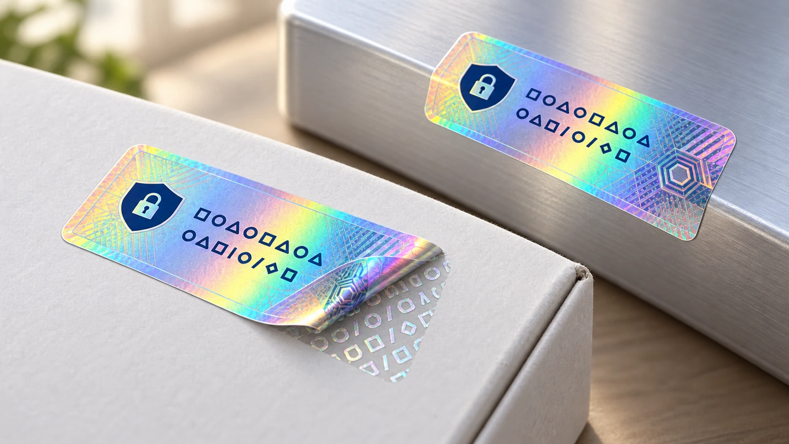 Holografische Sicherheitsetiketten auf einem grauen Karton und einer Metalloberfläche, wobei ein Etikett zurückgeklappt ist und ein Muster zeigt