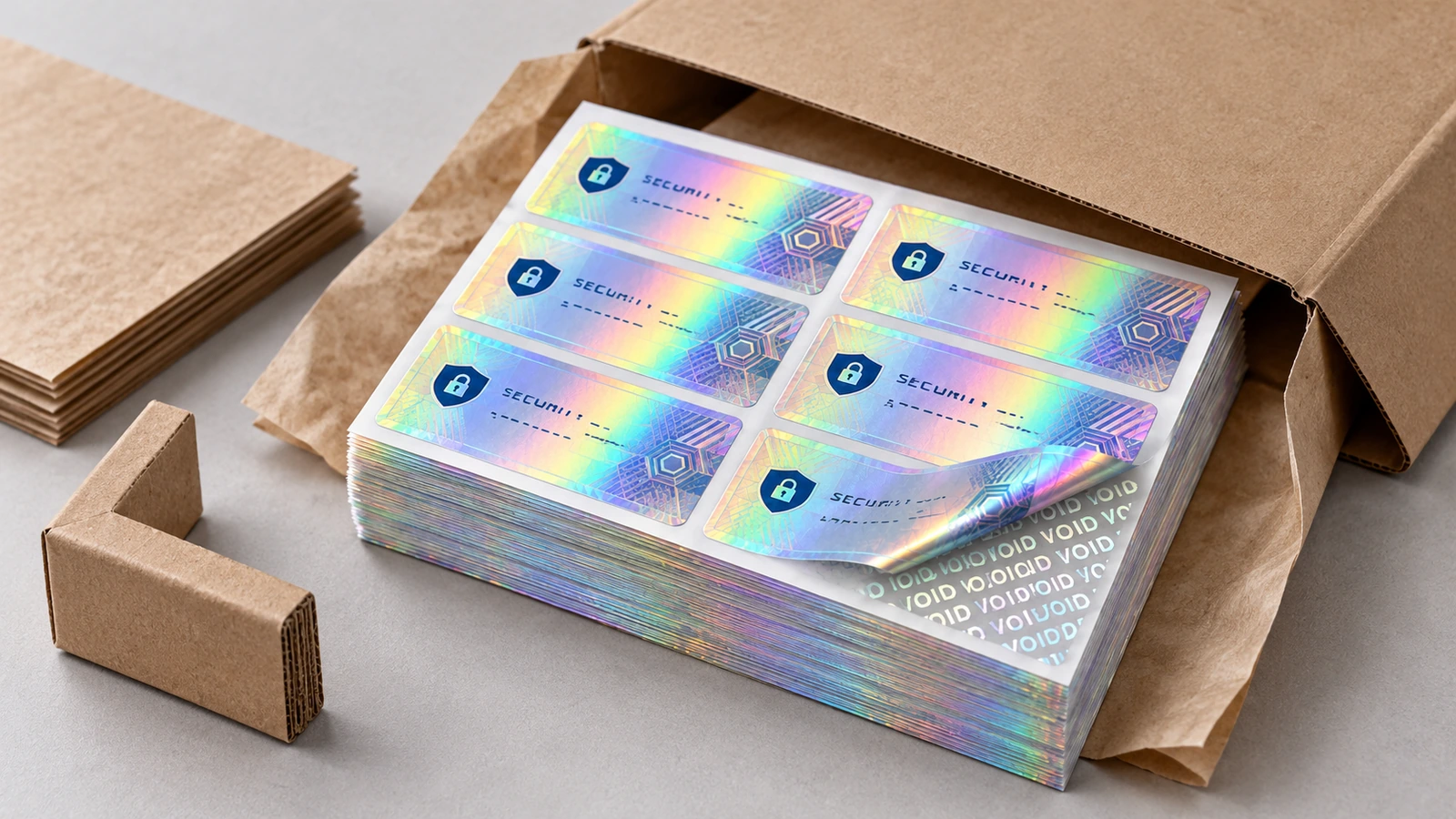 Gestapelte holografische Sicherheitsetikettenbögen in einem offenen Versandkarton aus Pappe