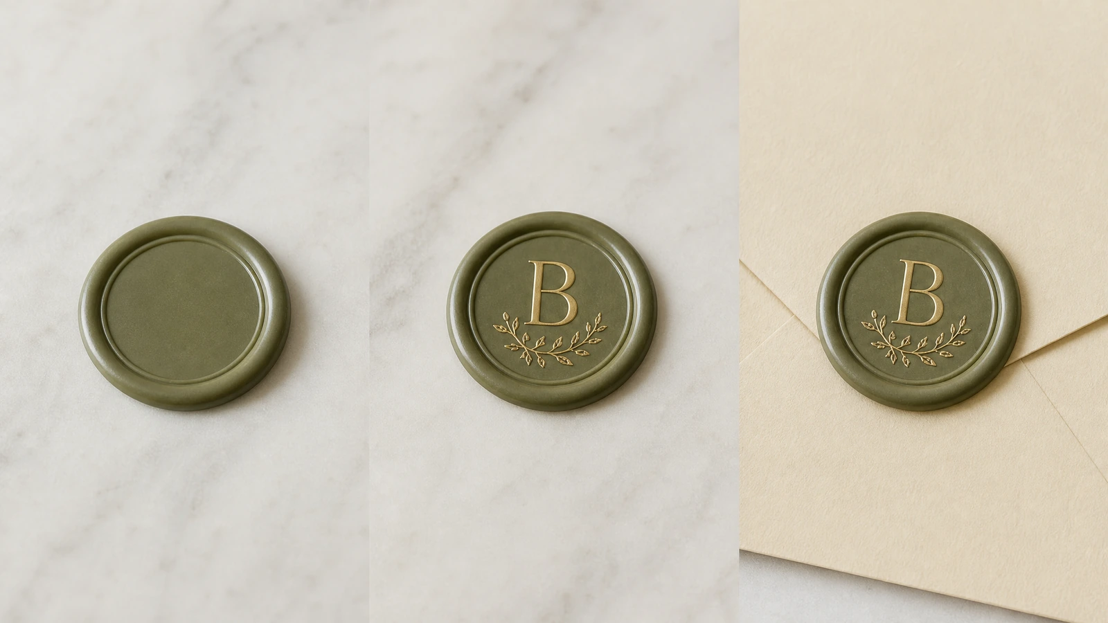 Ansicht mit 3 Feldern: ein einfaches grünes Siegel, ein goldenes Monogrammsiegel und ein Monogrammsiegel auf einem Umschlag