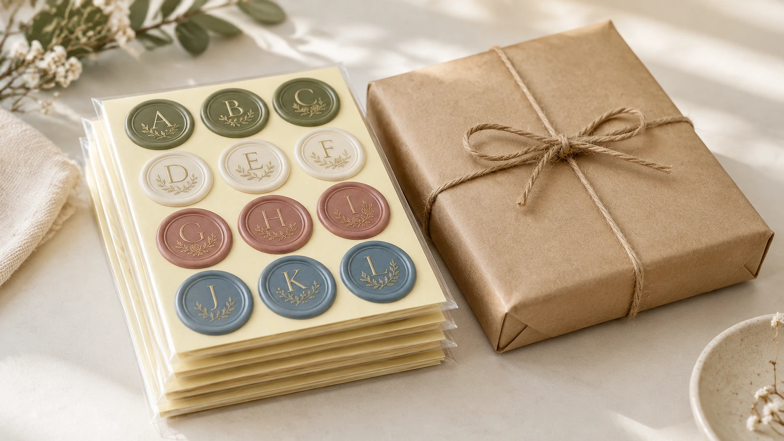 Gestapelte Bögen mehrfarbiger Monogrammsiegel neben einem mit Bindfaden verschnürten Geschenk aus Kraftpapier