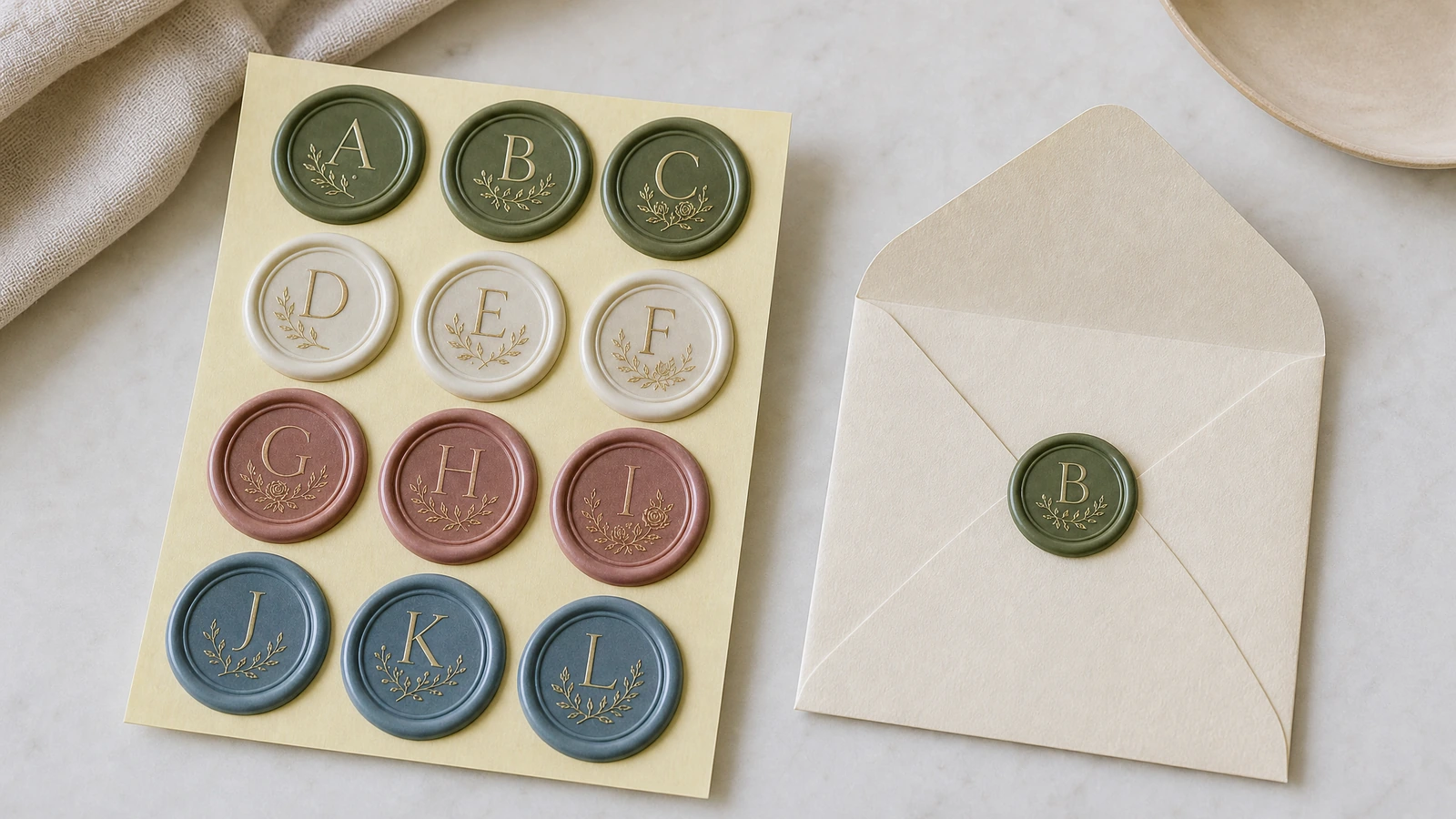Bogen mit mehrfarbigen Monogramm-Wachssiegel-Stickern neben einem Umschlag, der mit einem grünen Siegel verschlossen ist