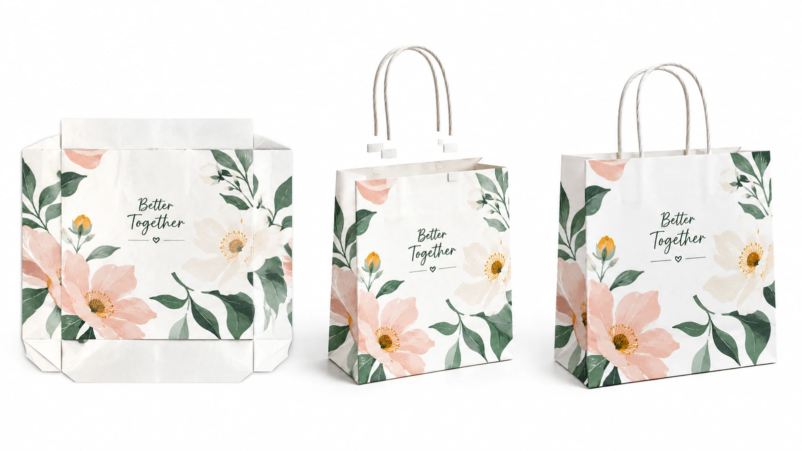 Weiße Papiertasche mit Blumenmuster, als Korpus ohne Griffe und als zwei fertige Taschen dargestellt