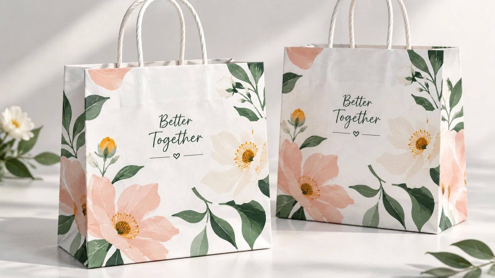 Zwei weiße Papiertaschen mit Blumenmuster und gedrehten Griffen auf einem Tisch