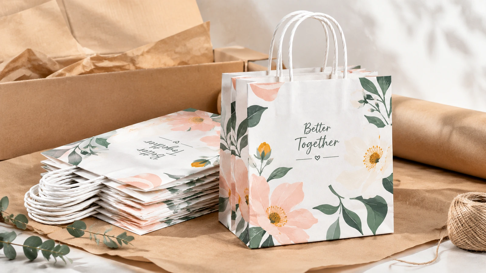 Aufrecht stehende Papiertasche mit Blumenmuster und gestapelte flache Taschen neben einem offenen Pappkarton