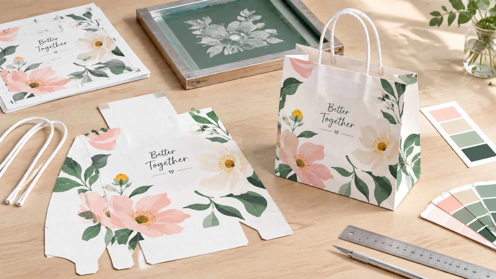 Weiße Papiertasche mit Blumenmuster, mit flachen bedruckten Bauteilen, Ersatzgriffen, Farbmustern und einem Lineal
