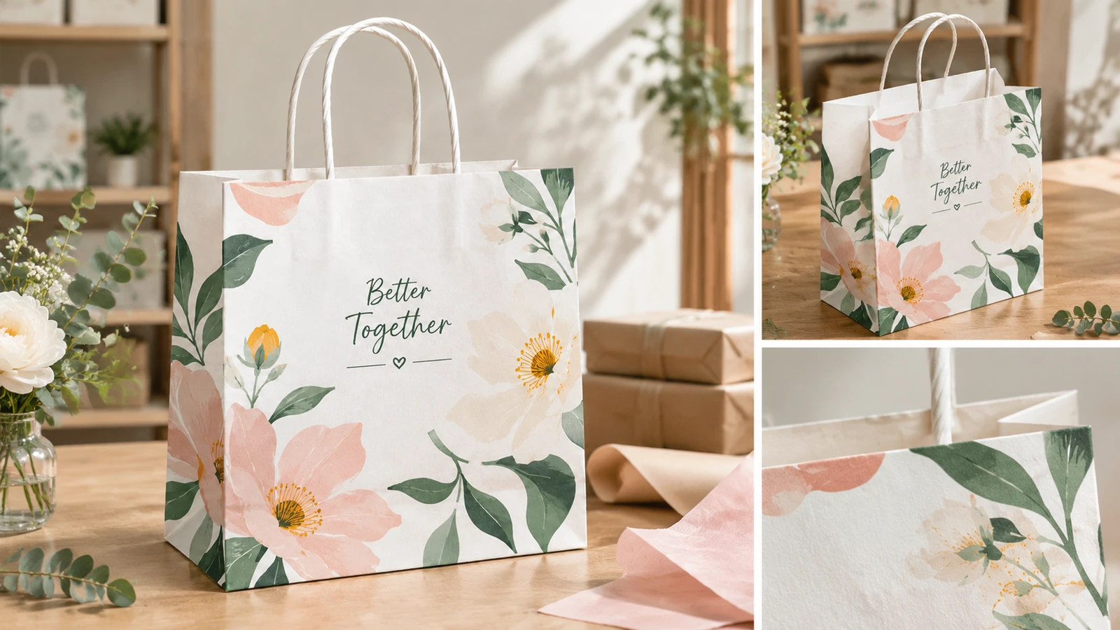 Weiße Papiertasche mit Blumenmuster, Nahaufnahmen von Seiteneinsatz und Oberkante