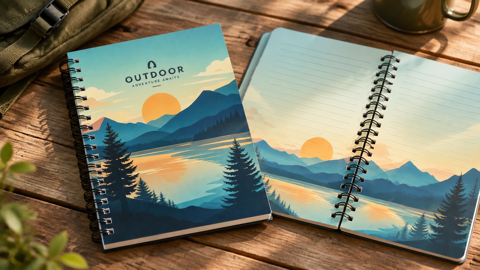 Konzeptbild: Notizbuch mit Querformat-Cover neben einem aufgeschlagenen Notizbuch mit illustrierten Innenseiten