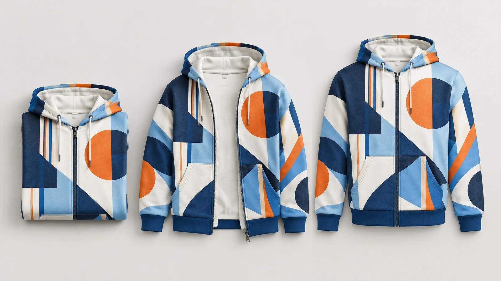 Gefaltet, teilweise geöffnet und geschlossen: Ansichten eines geometrisch gemusterten Zip-Hoodies