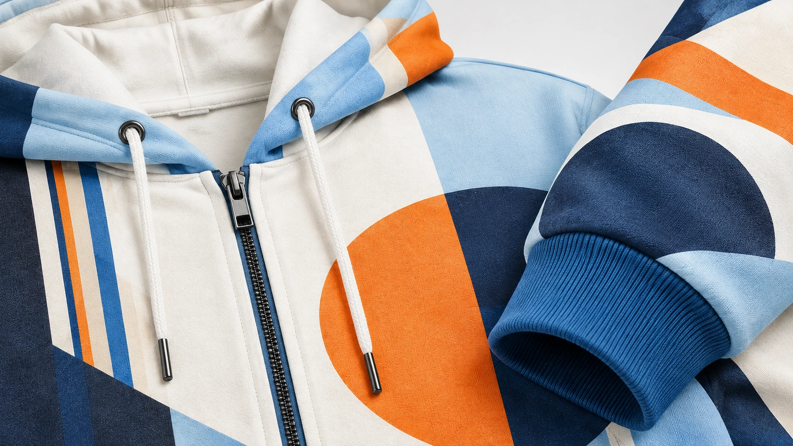 Nahaufnahme eines geometrisch gemusterten Zip-Hoodies mit Reißverschluss, Kordeln, Kapuzenfutter und einem blauen Rippbündchen