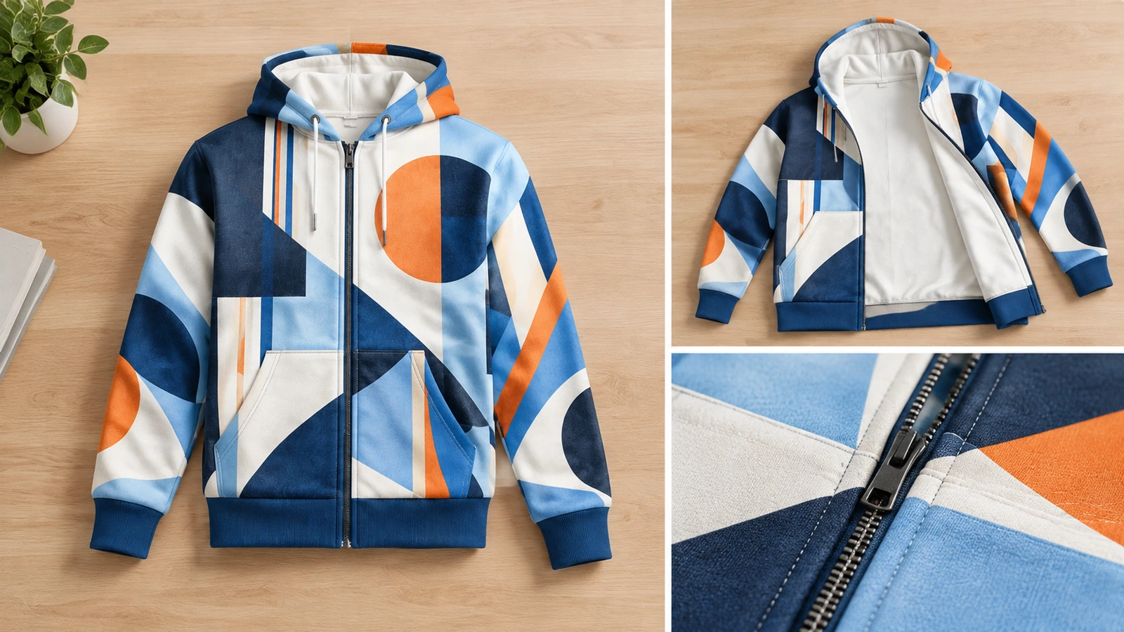 Collage eines geometrisch gemusterten Zip-Hoodies, flach liegend, teilweise geöffnet und in einer Nahaufnahme des Reißverschlusses