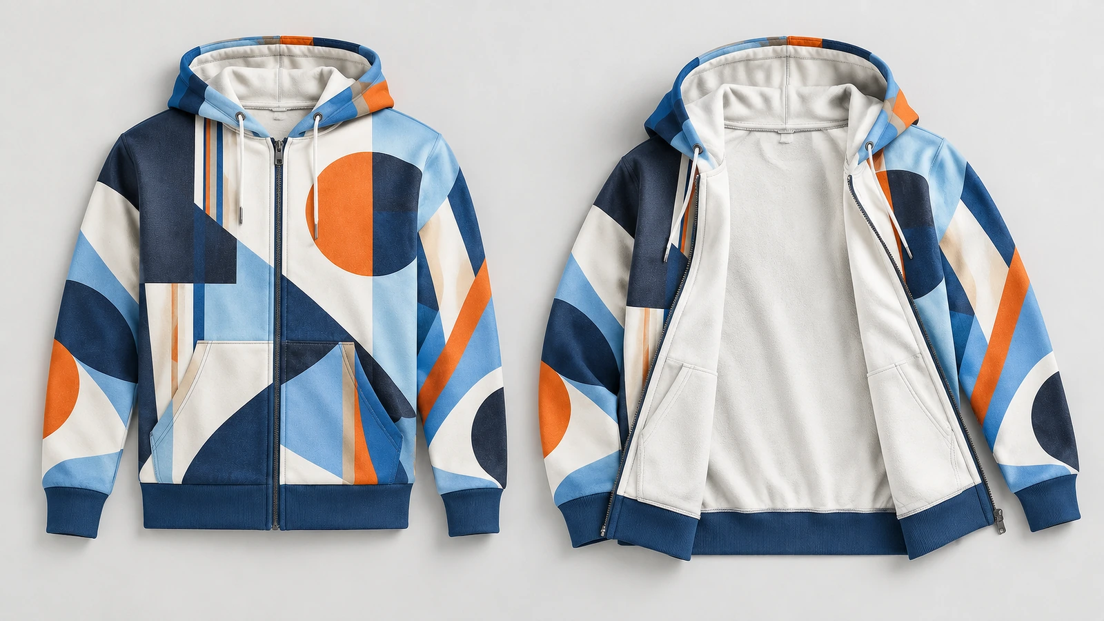 Geometrisch gemusterter Zip-Hoodie, geschlossen und geöffnet, um das helle Innenfutter zu zeigen