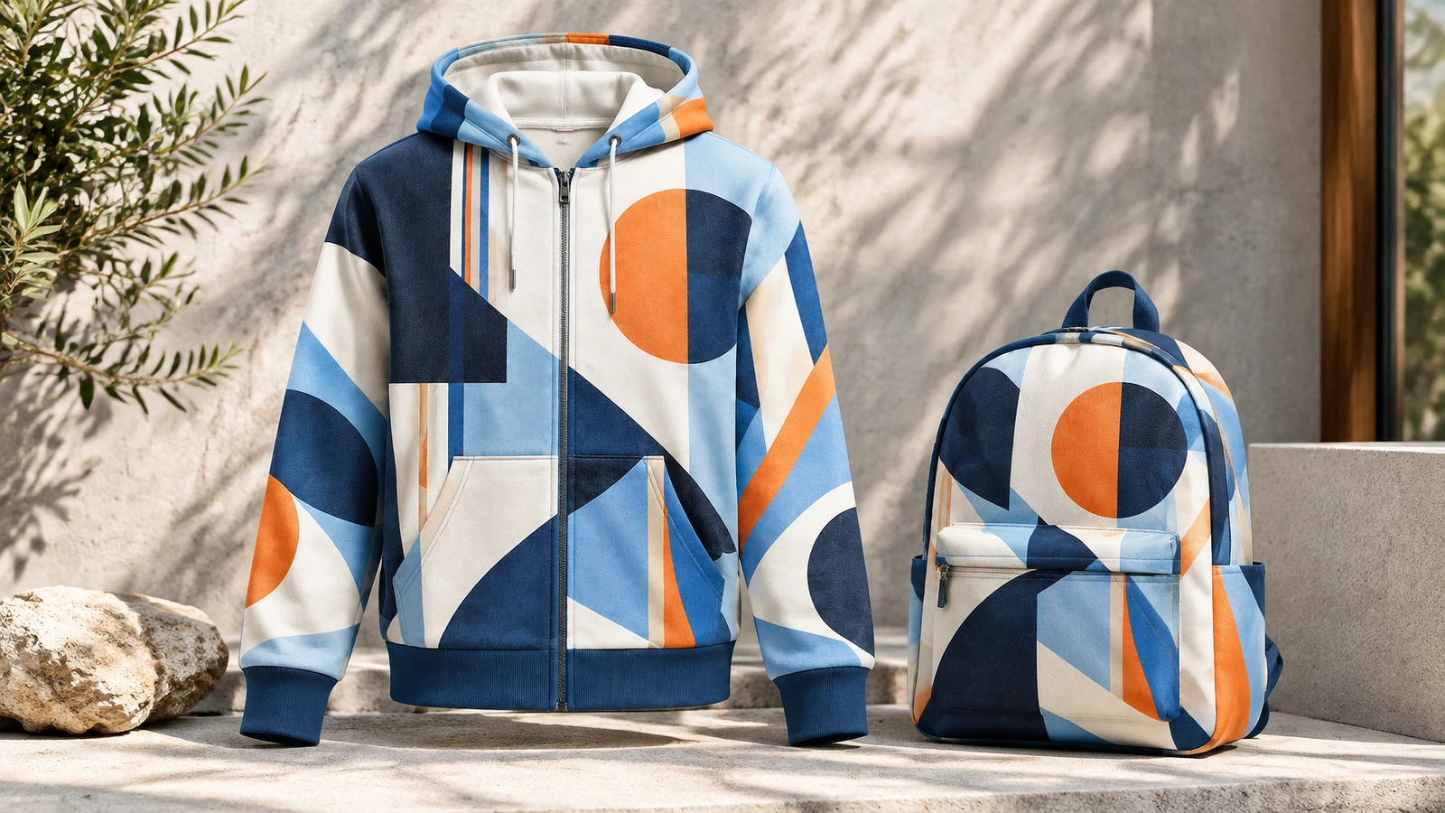 Geometrisch gemusterter Zip-Hoodie neben einem Rucksack mit passenden blauen und orangefarbenen Motiven